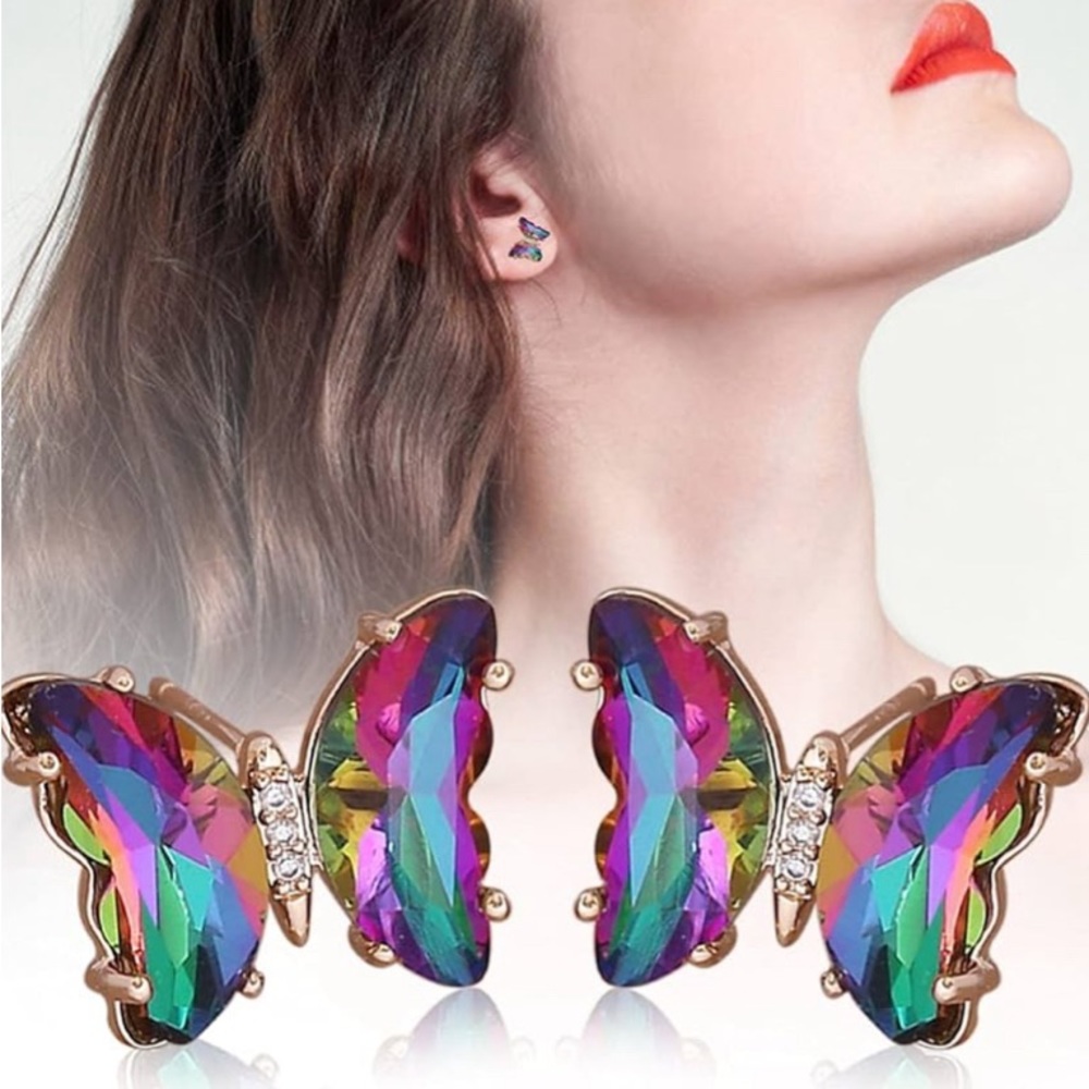 Butterfly 🦋 Multi-colored Crystal Stud Earrings - New - Picture 2 of 3